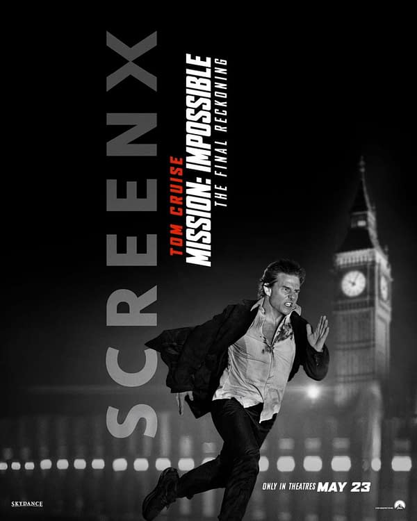 A promotional poster for 'Mission: Impossible – The Final Reckoning' featuring Tom Cruise running in a dramatic pose with a blurred background of a clock tower, emphasizing action and urgency.