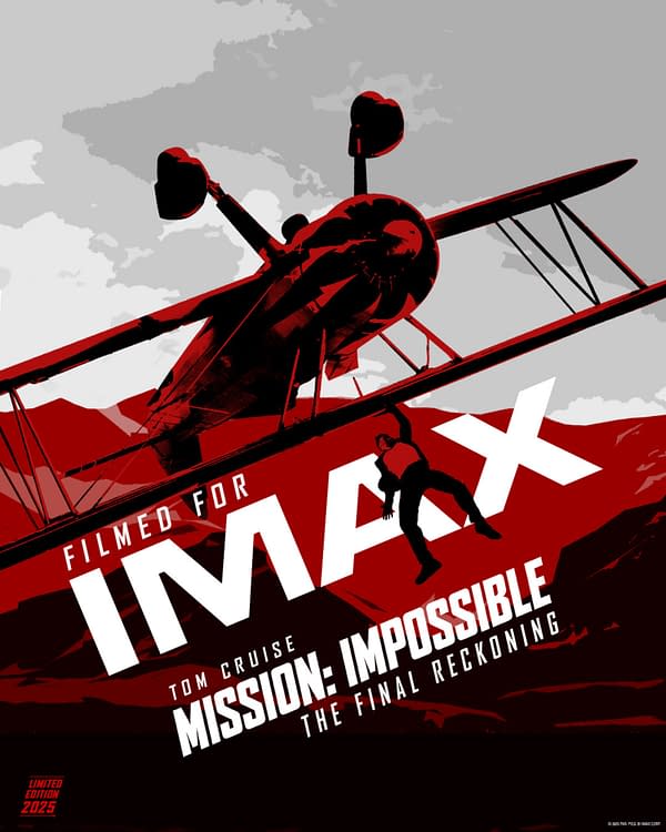 A graphic poster for 'Mission: Impossible – The Final Reckoning', featuring a bold design with a stylized biplane and a figure in action. The text highlights 'Filmed for IMAX' and includes the film title and Tom Cruise's name in prominent, dramatic fonts.