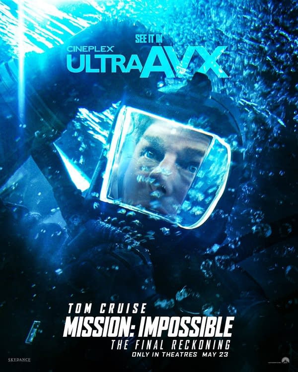 A promotional poster for 'Mission: Impossible – The Final Reckoning,' featuring Tom Cruise submerged in water, wearing a diving mask, with bubbles and blue light creating an underwater atmosphere. The text includes details about seeing it in theaters and the release date of May 23.