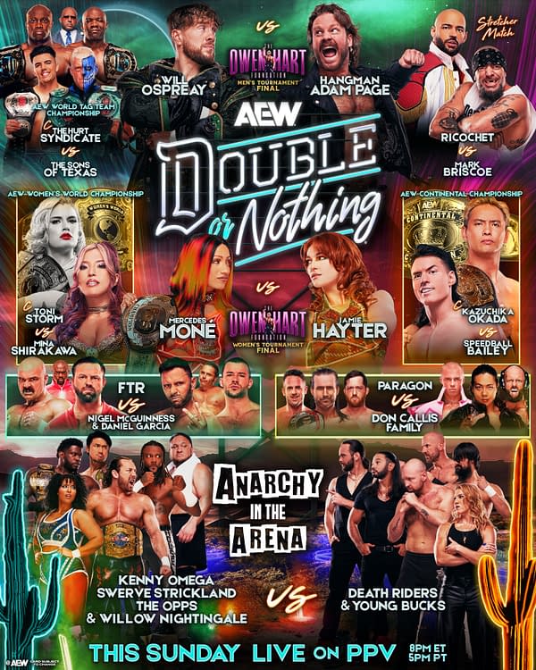 A colorful graphic featuring the AEW logo and the text 'Double or Nothing,' showcasing various wrestlers and matches scheduled for the event, including championship bouts and a segment titled 'Anarchy in the Arena.'