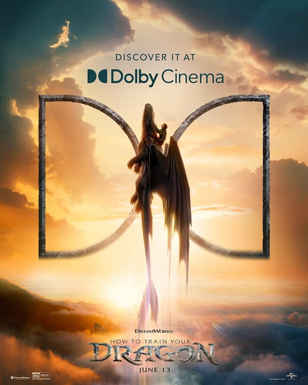 A promotional illustration for 'How to Train Your Dragon' featuring a dragon and its rider in a fantastical landscape, framed by the iconic Dolby Cinema logo and the film's title and release date at the bottom.