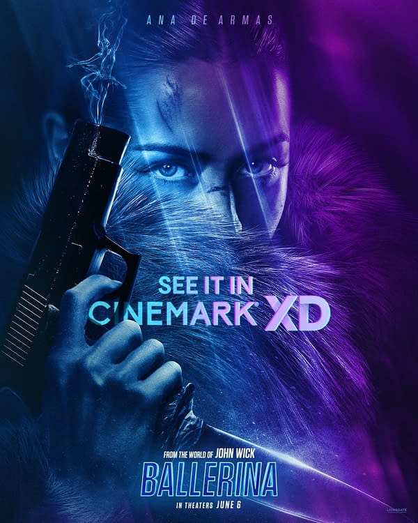 A promotional poster for the film "Ballerina," featuring a close-up of a woman holding a gun with a smoky effect, surrounded by purple and blue light. The text 'SEE IT IN CINEMARK XD' and the movie details are prominently displayed.