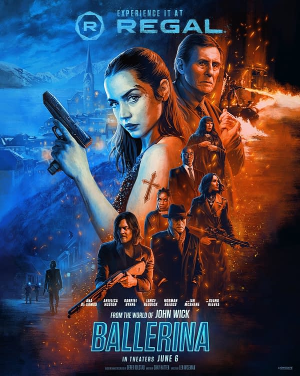 An illustrated movie poster for 'Ballerina' from the John Wick franchise, featuring a central female character holding a pistol, surrounded by supporting characters in various action poses against a dramatic, colorful background.