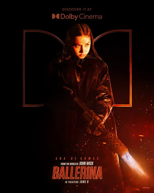 A dramatic promotional poster for 'Ballerina,' featuring Ana de Armas in a dark outfit, holding a weapon emitting flames. The background is dark with fiery effects, and the title 'Ballerina' is prominently displayed along with the release date.
