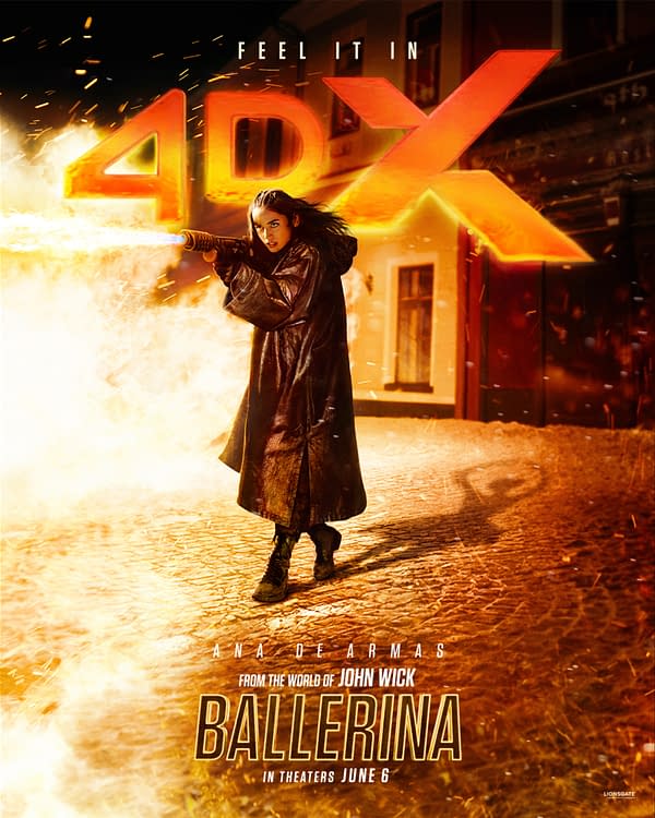 A promotional movie poster for 'Ballerina,' featuring a woman with long hair dressed in a dark coat, holding a weapon and surrounded by flames and smoke. The title 'Ballerina' is prominently displayed along with the text 'from the world of John Wick' and a release date of June 6.