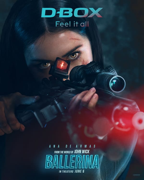 A promotional illustration for the movie 'Ballerina', featuring a woman with striking eyes aiming a firearm, highlighted by a red laser sight. The image includes the text 'D-BOX' and 'Feel it all,' alongside the movie title and release date.