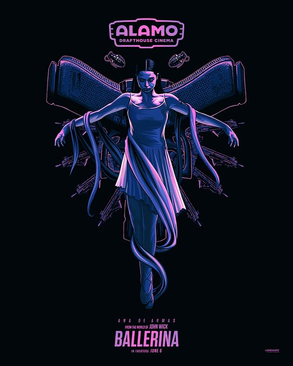 A promotional poster for the movie 'Ballerina', featuring a stylized female figure with flowing hair and a light dress, surrounded by gun imagery. The design incorporates vibrant colors and the text 'ALAMO DRAFTHOUSE CINEMA' along with the release date.
