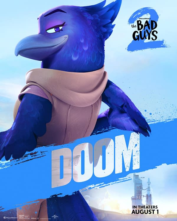 A vibrant character from 'The Bad Guys 2', a blue bird-like figure with purple feathers and a confident expression, dressed in a beige scarf, features the word 'DOOM' prominently in an artistic blue streak. The background suggests an animated setting, hinting at an adventure.