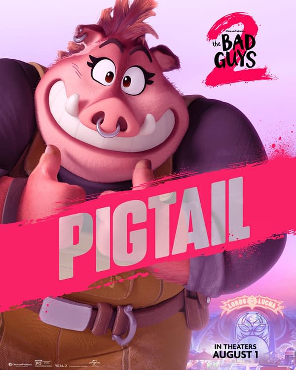 A cartoon character named Pigtail from 'The Bad Guys 2' is smiling broadly, giving a thumbs up. The background features vivid colors and promotional text indicating the movie release date.