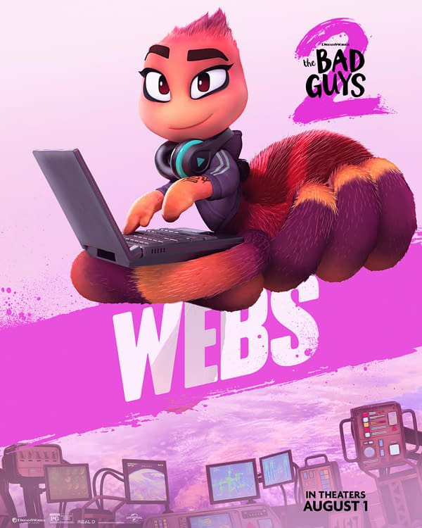 A vibrant illustration featuring a character from 'The Bad Guys 2,' a pink, cartoonish creature with headphones, typing on a laptop. The background features a playful pink gradient and the word 'WEBS' prominently displayed.