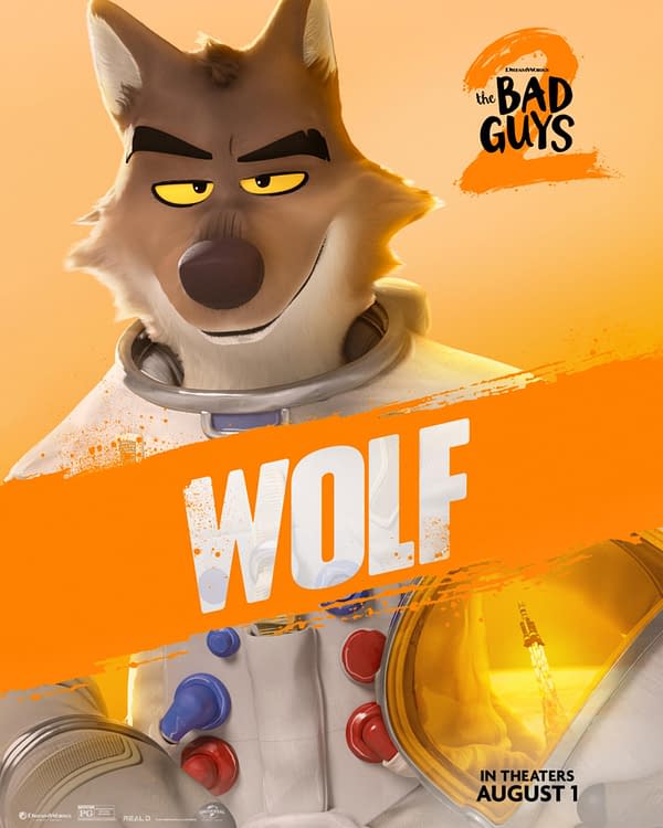 A cartoon character named Wolf from 'The Bad Guys 2,' depicted with a confident expression, wearing a space suit adorned with colorful buttons, against a vibrant orange background.