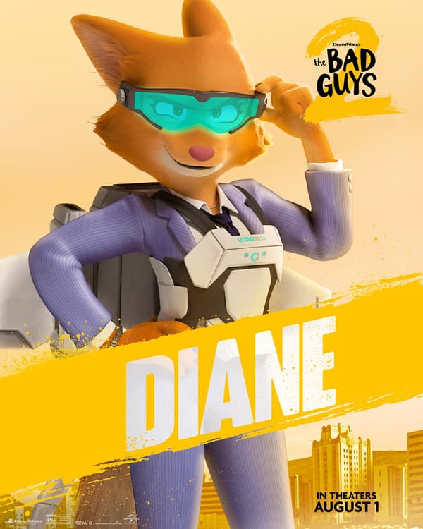 A cartoon fox character named Diane, wearing glasses and a suit with a futuristic design, poses confidently against a yellow background. The image promotes 'The Bad Guys 2' movie, indicating its theatrical release date as August 1.