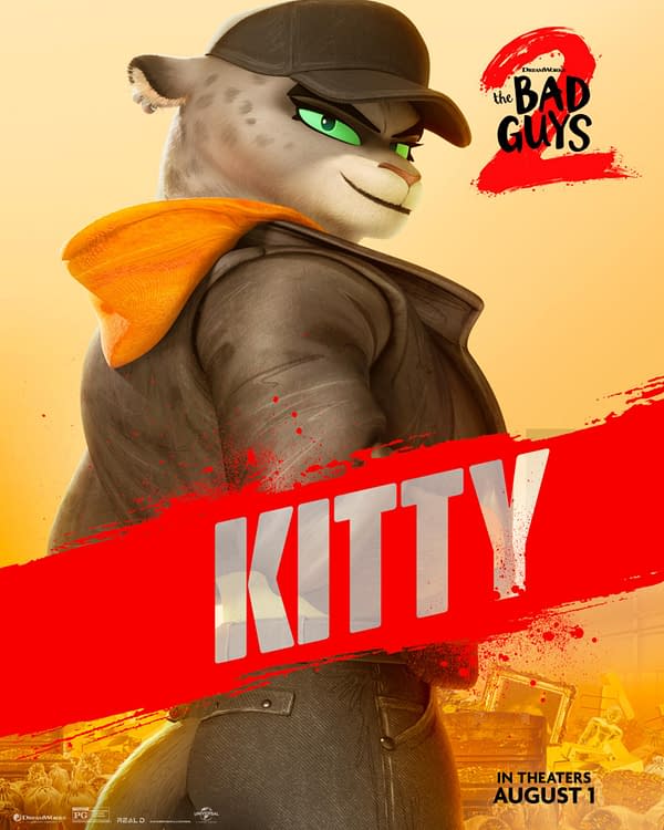 An illustration of a character named Kitty from 'The Bad Guys 2,' featuring a gray feline character with green eyes, wearing a black cap and a leather jacket. The background has a vibrant gradient with bold red lettering announcing the character's name.