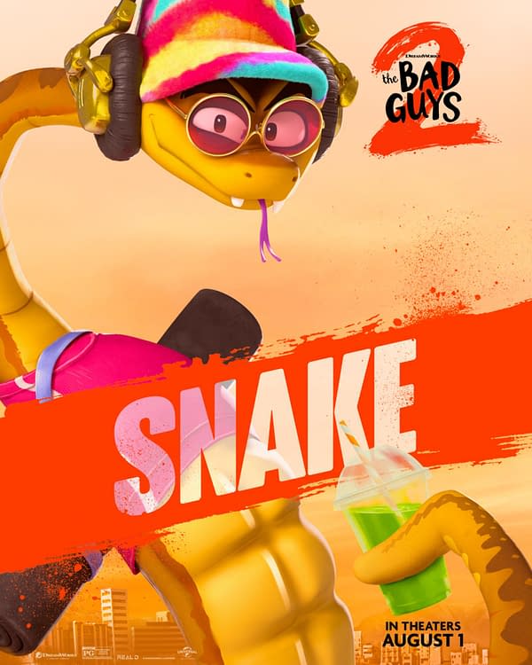 Cartoon character Snake from 'The Bad Guys 2,' wearing colorful headphones and a vibrant hat, holds a green drink while sporting sunglasses. The background features an orange sunset with city buildings.