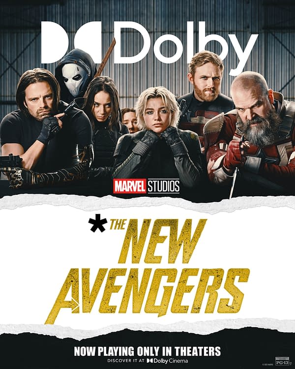 A promotional poster for 'The New Avengers' featuring a group of characters from the film, posed with serious expressions. The image includes logos for DC, Dolby, and Marvel Studios, indicating the film's theatrical release.