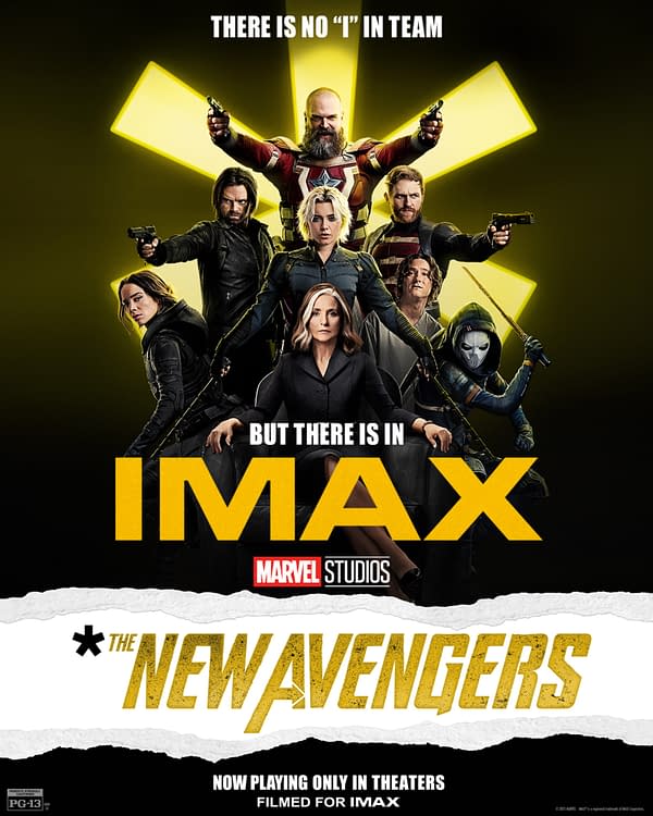 Promotional poster for 'The New Avengers', featuring a diverse group of characters striking dynamic poses against a yellow backdrop, with bold text highlighting the release in IMAX.