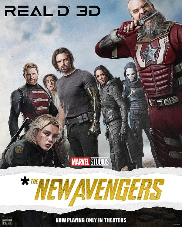 A promotional poster for 'The New Avengers,' featuring several characters in heroic poses, with two main figures in the foreground. The logo prominently displays 'NEW AVENGERS' in bold yellow letters, along with the Marvel Studios emblem.