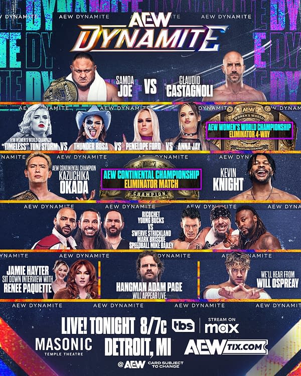 A promotional poster for AEW Dynamite featuring various wrestlers and matches scheduled for the event, including Samoa Joe vs. Claudio Castagnoli and a women's championship eliminator match. The poster includes vibrant colors and large text announcing the event details.