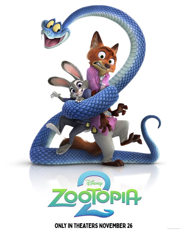 An illustration for 'Zootopia 2' featuring a blue snake playfully wrapping around a worried fox, a laughing rabbit with a surprised expression, and bold text displaying 'Zootopia 2' along with the release date of November 26.
