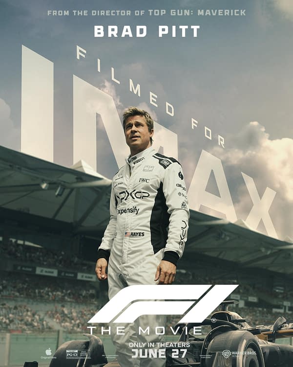 A promotional poster for the movie 'F1', featuring Brad Pitt in a racing suit, standing in front of a Formula 1 car. The background includes a blurred racetrack and the text 'FILMED FOR IMAX' and release date 'JUNE 27'.