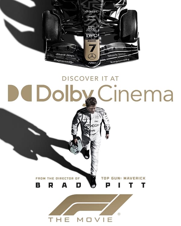 A promotional poster for "F1: The Movie" featuring a Formula 1 car above a racer in a white suit holding a helmet, with the text "Discover it at Dolby Cinema" and credits for director Brad Pitt.