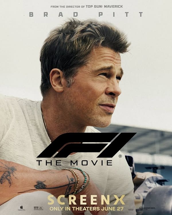 A promotional poster for 'F1: The Movie' featuring a close-up of Brad Pitt looking thoughtfully off to the side, with the film's logo prominently displayed in the foreground. The release date for theaters is noted as June 27.