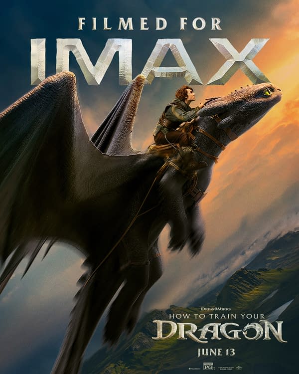 A scene from the animated film 'How to Train Your Dragon,' featuring a young rider on a black dragon soaring through a mountainous landscape, with the text 'Filmed for IMAX' prominently displayed.