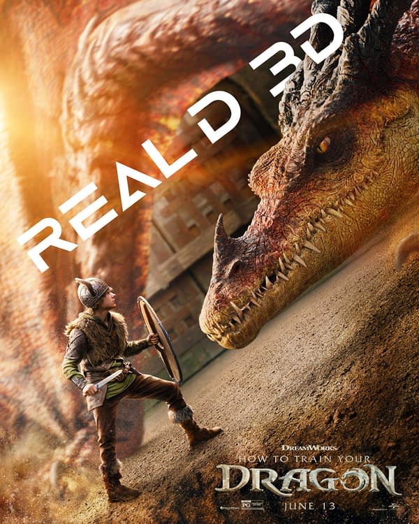A scene from 'How to Train Your Dragon' featuring a young Viking with a shield and sword, standing in front of a large, menacing dragon. The image promotes the film in 3D, emphasizing its adventurous and fantastical elements.
