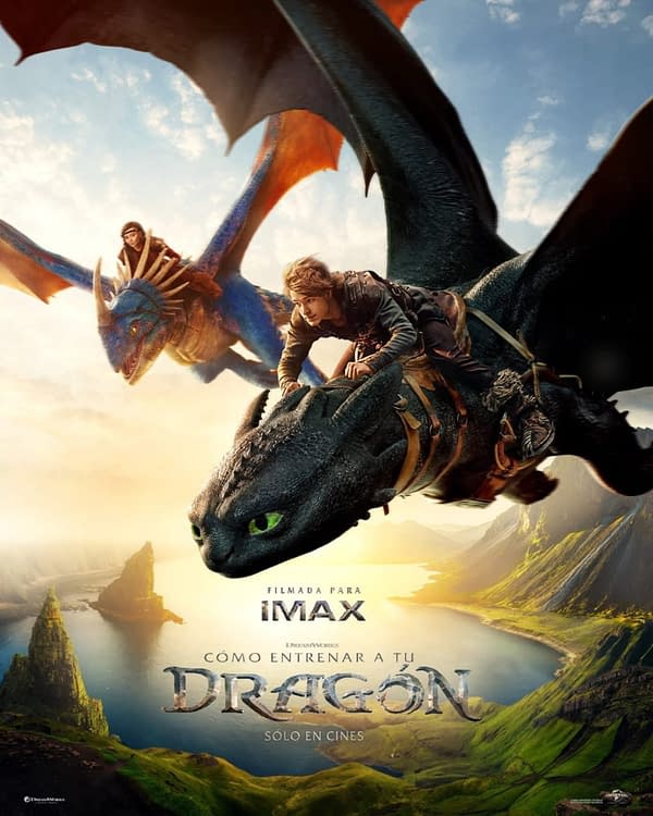 A vibrant cartoon illustration from 'How to Train Your Dragon' featuring two characters riding on dragons soaring over a lush landscape with mountains and a river. The title and details about the film's IMAX release are also included in the design.