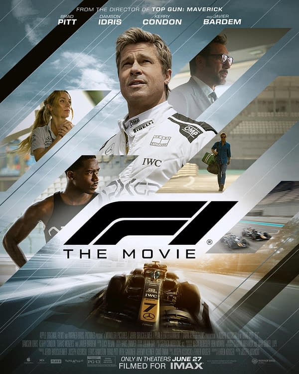 A promotional poster for the film 'F1: The Movie,' featuring actors Brad Pitt and Damson Idris among others, set against a backdrop of a Formula 1 car on a racetrack. The design includes dynamic elements and highlights the release date of June 27.