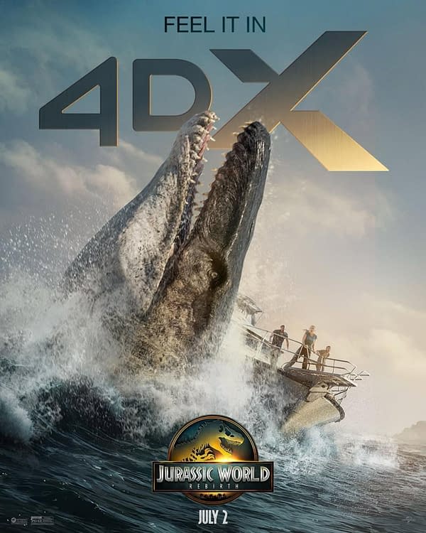 A promotional illustration for 'Jurassic World Rebirth,' featuring a massive aquatic dinosaur breaching the water while a boat with several people is depicted in the foreground. The image highlights the tagline 'Feel it in 4DX' and includes the movie's release date, 'July 2,' along with the Jurassic World logo.
