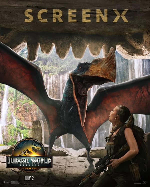 A promotional illustration for 'Jurassic World: Rebirth' featuring a female character standing with a firearm, facing a large pterosaur in a lush, waterfall setting. The image displays the movie title and the release date, July 2.