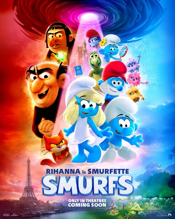 Colorful cartoon poster featuring characters from the Smurfs, including Smurfette alongside familiar blue Smurfs and a villain, set against a vibrant background with swirls of color. The text prominently displays 'Rihanna is Smurfette' and 'SMURFS - ONLY IN THEATRES COMING SOON.'