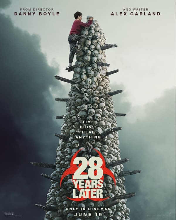 A dramatic movie poster for '28 Years Later' featuring a child climbing a towering pile of skulls, set against a cloudy background. The poster includes the film title in bold red and white text, with a release date of June 19.