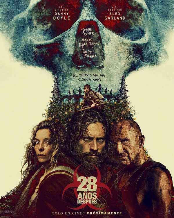 A movie poster for '28 Años Después,' featuring three central characters amidst a backdrop of a skull formed by dark and vibrant scenery. The design hints at themes of survival and decay, with a biohazard symbol prominently displayed.
