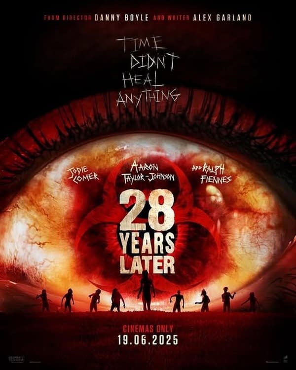 A movie poster for '28 Years Later', featuring a large, ominous eye with a blood-red background and shadowy figures standing in a field. The tagline reads 'Time didn't heal anything,' with the release date set for June 19, 2025.