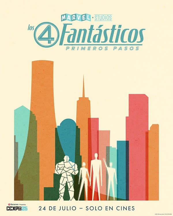 A stylized illustration of a city skyline featuring iconic buildings in shades of orange and blue, with the title 'los 4 Fantásticos' prominently displayed at the top. The poster also includes silhouettes of four characters, hinting at a superhero theme, along with details about a cinema release on July 24.