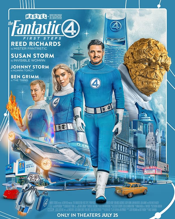A promotional poster for 'The Fantastic Four: First Steps,' featuring the superhero team in blue suits against a vibrant city backdrop. Characters include Mister Fantastic, Invisible Woman, Human Torch, and The Thing, highlighted with their respective powers and iconic elements.