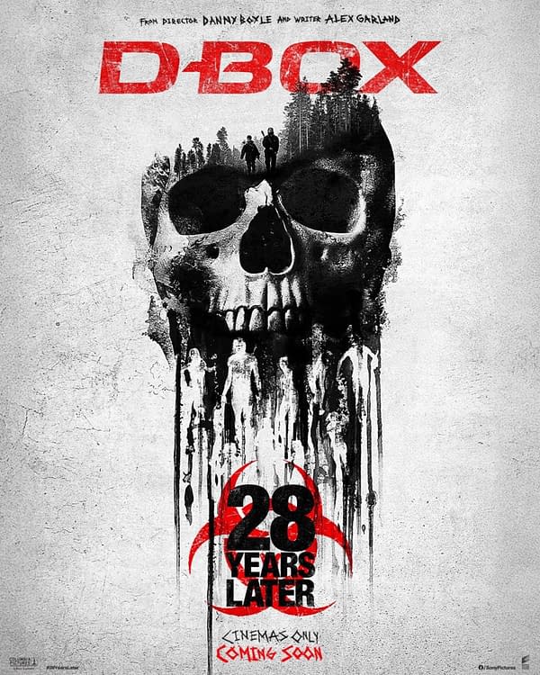 A dark and dramatic poster for '28 Years Later' featuring a large skull design with silhouettes of figures against a gritty background. The text 'D-BOX' is prominently displayed at the top, and the release information is noted at the bottom.