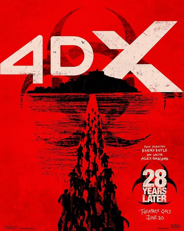 A promotional poster for the film '28 Years Later,' featuring a crowd of silhouetted figures walking towards a dark skyline against a striking red background, with the title and release information prominently displayed.
