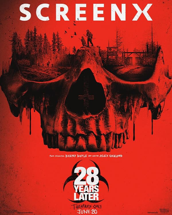 A striking movie poster featuring a large skull silhouette set against a red background, incorporating dark forest imagery within the skull. The title '28 Years Later' and the release date are prominently displayed at the bottom, emphasizing the film's horror theme.
