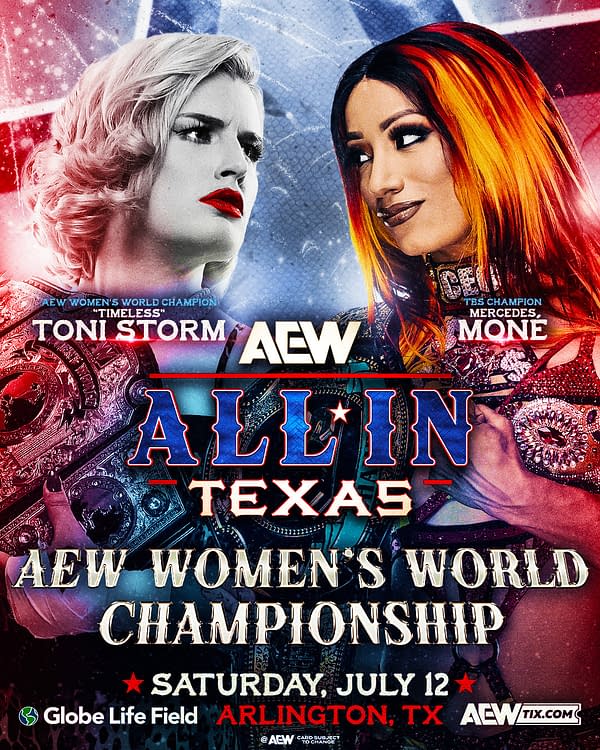 A promotional graphic for an AEW match featuring two female wrestlers: Toni Storm and Mercedes Moné. The design includes vibrant colors, championship belts, and details about the event in Arlington, Texas.