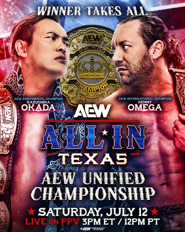 Promotional graphic featuring two wrestlers, Kazuchika Okada and Kenny Omega, facing off amidst vibrant background colors. The graphic highlights the AEW Unified Championship title and event details for AEW All In: Texas.
