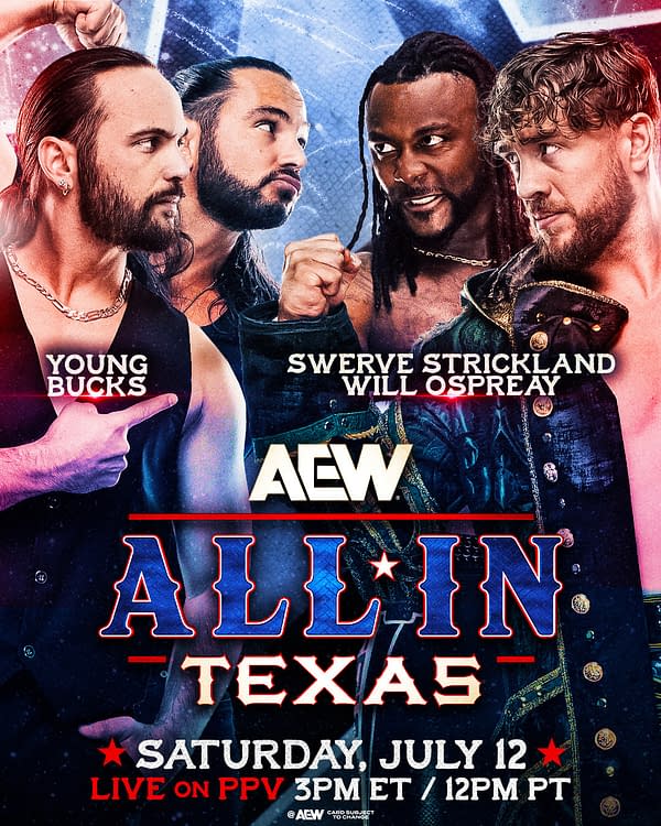 A promotional graphic for the AEW All In: Texas wrestling event featuring four wrestlers: the Young Bucks, Swerve Strickland, and Will Ospreay. The design includes the event title prominently displayed, along with the date and broadcast details.