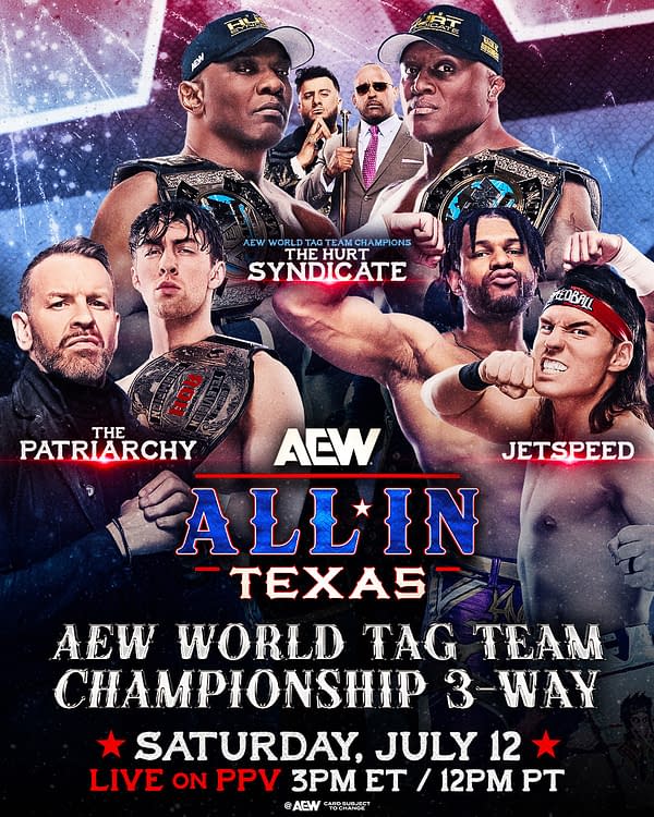 A promotional graphic for the AEW All In: Texas event featuring the participants for the AEW World Tag Team Championship match. The graphic includes images of the competitors, their team names, and event details.