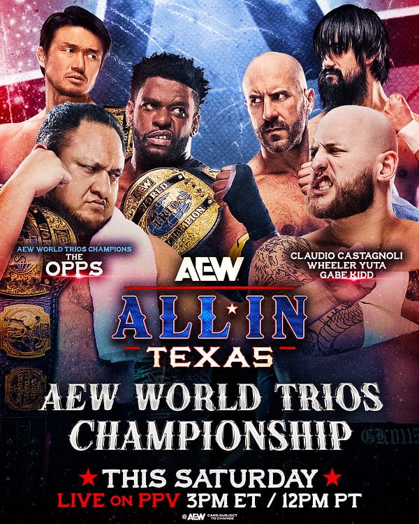 A promotional graphic for the AEW All In event in Texas, featuring wrestlers Claudio Castagnoli, Wheeler Yuta, Gabe Kidd, and the AEW World Trios Champions, The Opps, with championship belts. The event details are noted at the bottom, including the date and time of the live broadcast.