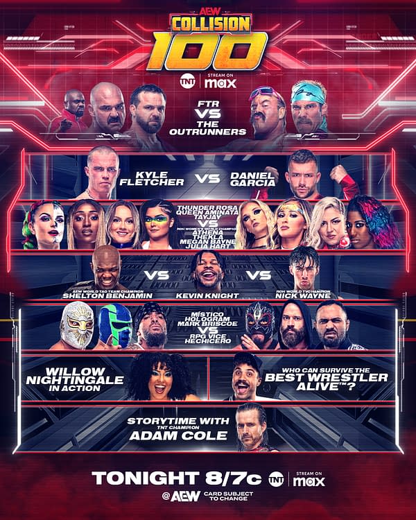 A promotional graphic for AEW Collision 100, featuring match-ups including FTR against The Outrunners, Kyle Fletcher versus Daniel Garcia, and a segment with Adam Cole, presented with a vibrant design.