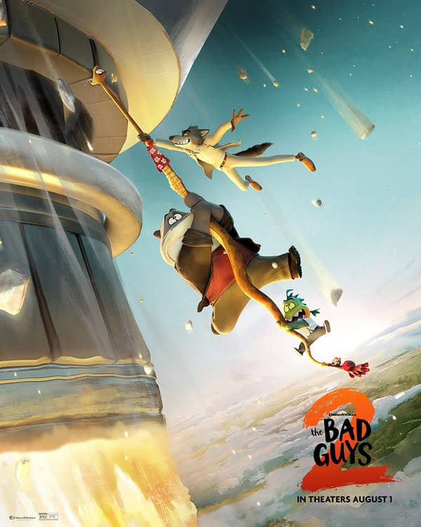An animated poster for 'The Bad Guys 2' featuring characters trying to escape as a rocket blasts off, with colorful backgrounds and action-packed poses. The release date is highlighted at the bottom.