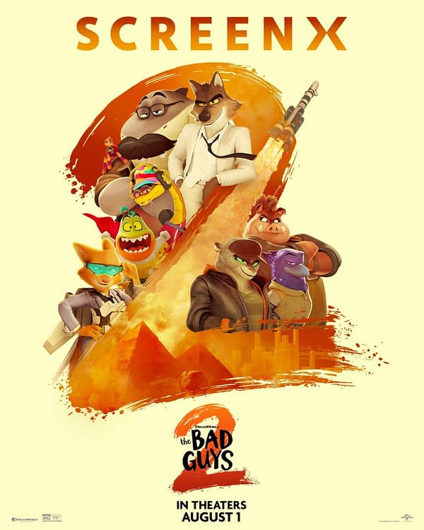Promotional poster for the animated movie "The Bad Guys 2," featuring several anthropomorphic animal characters in vibrant colors, with a rocket and pyramids in the background, announcing the release date of August 1.