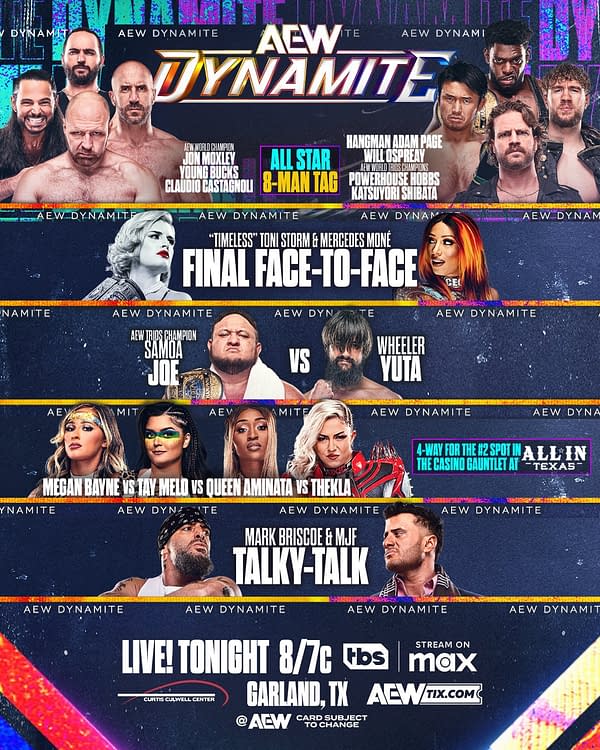A promotional graphic for AEW Dynamite featuring various wrestlers, matches, and event details including a face-to-face segment and tag team matches. The colors are vibrant with a blue and purple background, showcasing the logo prominently.